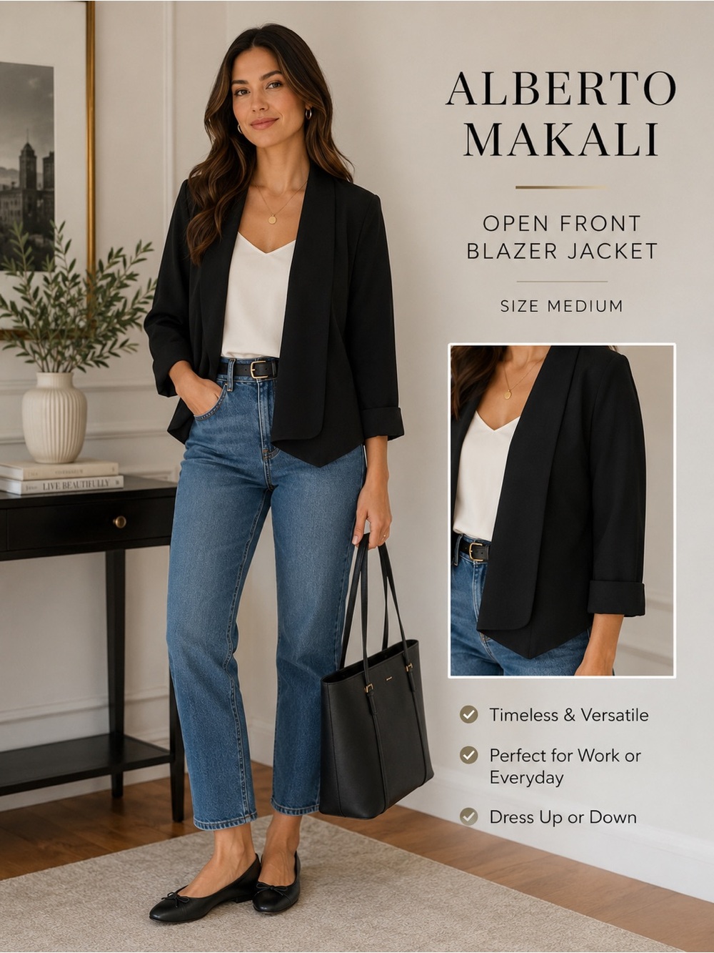 Alberto Makali Black Open Front Blazer Jacket M Minimalist Career Chic